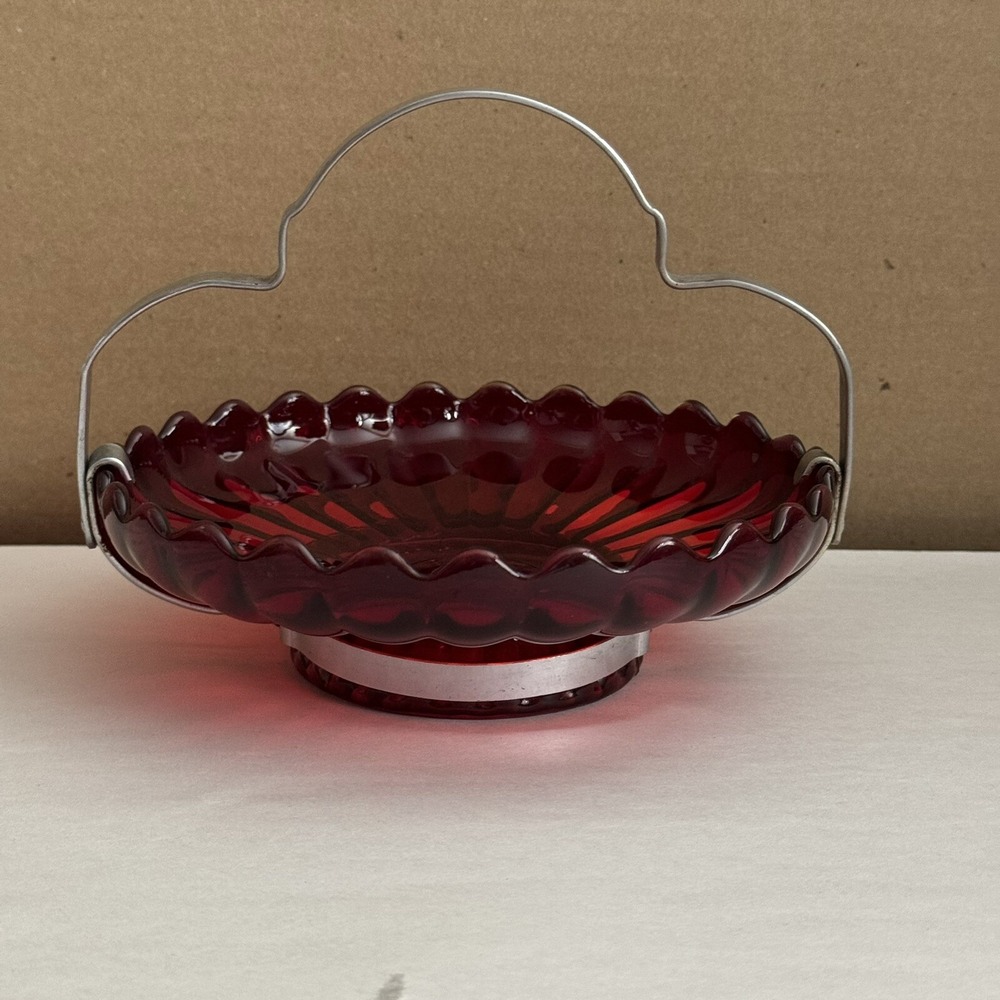 Imperial Glass Red Pillar Flutes Relish Sea Food Bowl‎ w/ Metal Handle Antique